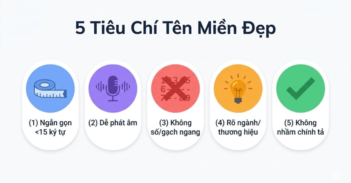 Năm tiêu chí cốt lõi để đánh giá tên miền đẹp: ngắn gọn, dễ phát âm, không số, rõ ngành, không nhầm lẫn