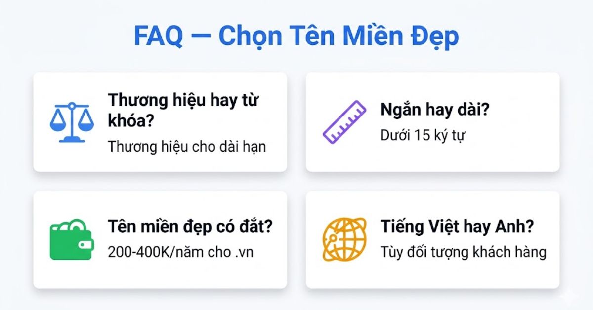 Câu hỏi thường gặp về cách chọn tên miền đẹp gồm thương hiệu hay từ khóa, ngắn hay dài, đắt hay rẻ