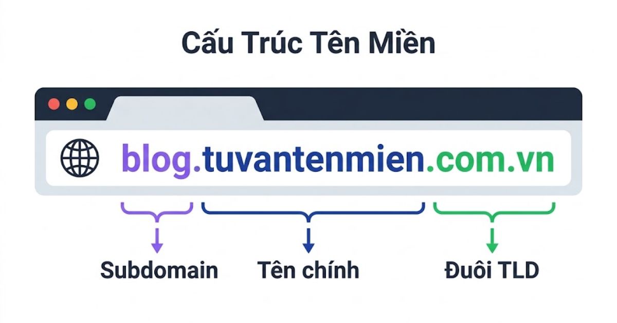 Cấu trúc tên miền gồm tên chính, đuôi tên miền và subdomain giải thích trực quan